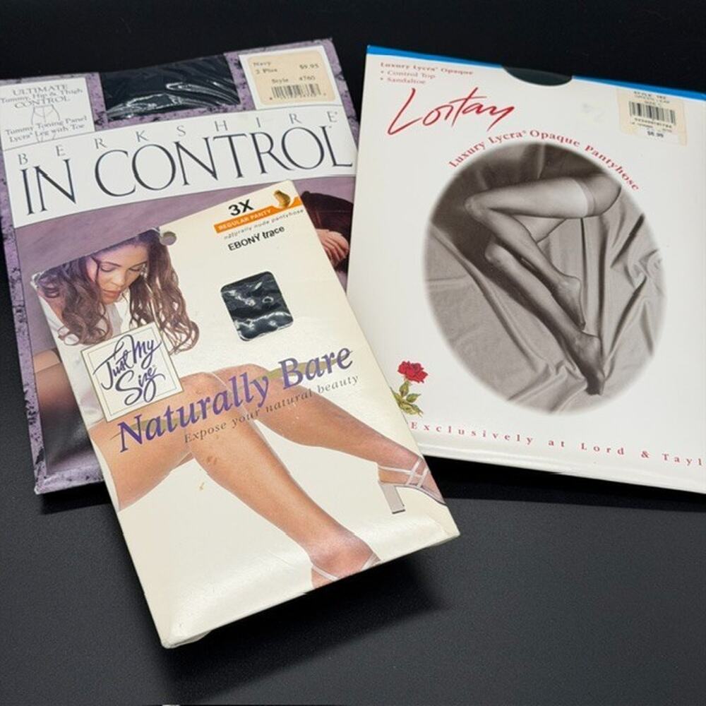 3 Pairs VTG Pantyhose ~ Just My Size, Berkshire In Control, Lortay ~ Plus Size